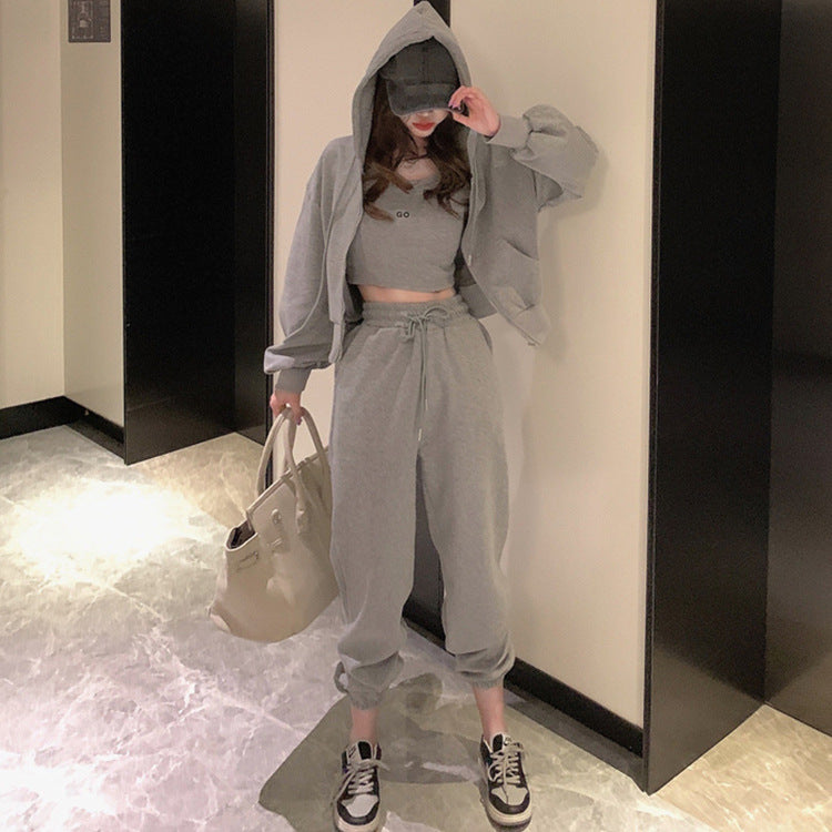 Zippered Hoodie Jacket Suspenders Long Pants 3-Piece Set-N202