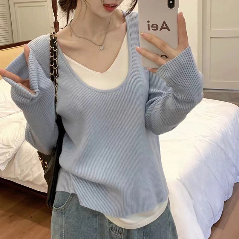 Women's V-neck Fake Two-piece Top with Contrasting Colors Knitted Long Sleeves Shirts-ABS2497BK