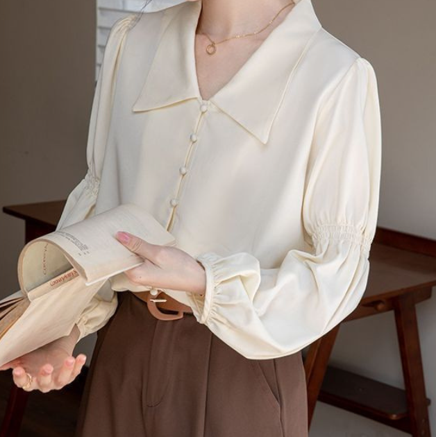 Women's Spring Lantern Sleeve Apricot Shirt