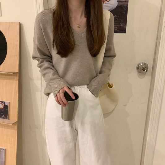 Women's Autumn V Neck Long Sleeve T-shirt Knitted Sweater Top-ABS2499BK