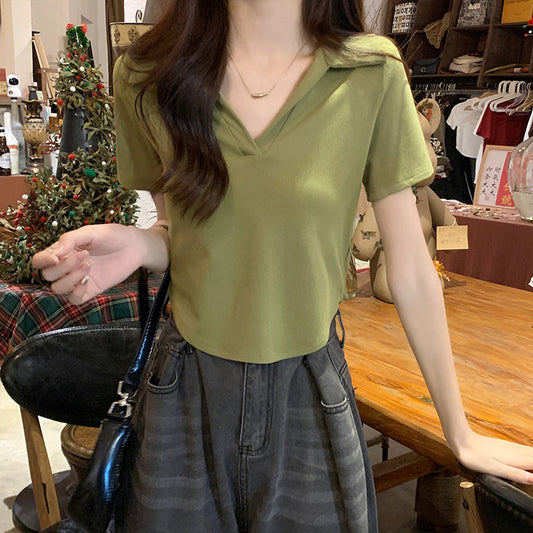 Women's Green Short-sleeve Straight Shoulder T-shirt