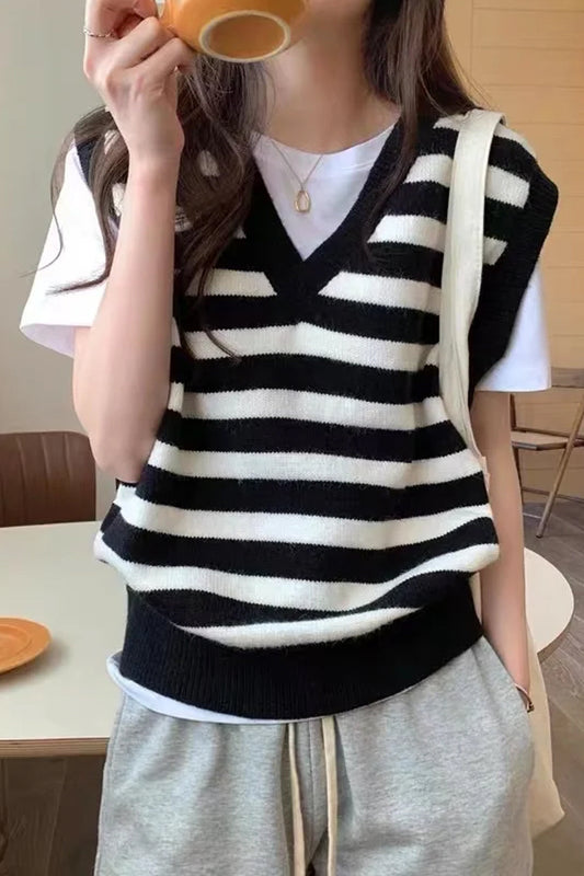 Sleeveless Retro Striped Vest Sweater-ABT29BK