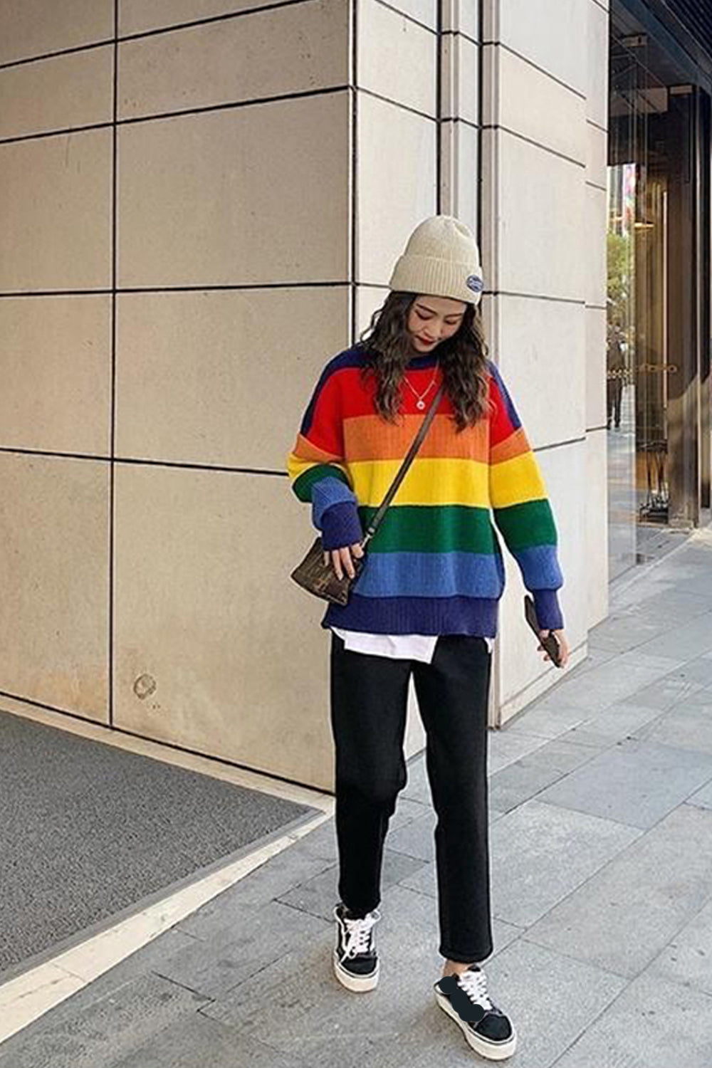 Loose Rainbow Warm Knitted Sweater-ABS248BK