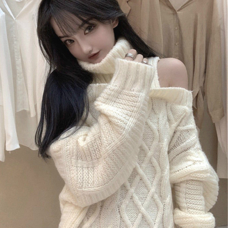 Sexy Off Shoulder Solid Turtleneck Knitted Sweater-ABS2440GY