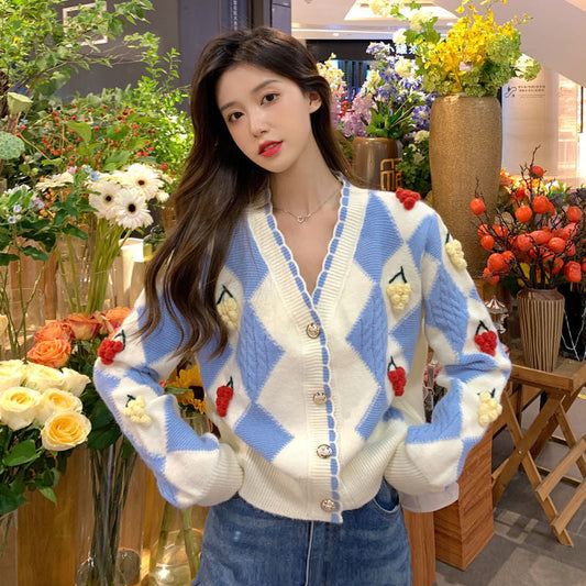 Long Sleeve V-Neck Fruits Pattern Sweater-ABS2411-BK