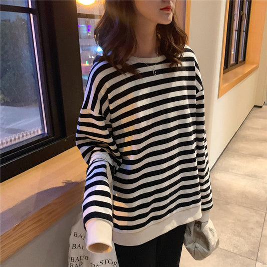 Long Sleeve O-Neck Simple Striped Sweatshirt-ABS2493BL