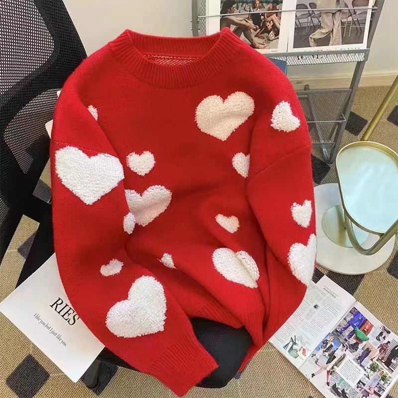 Casual Heart Pattern O-Neck Knitted Sweater-ABS2457GN