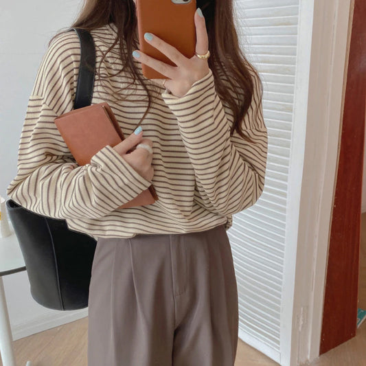 Long Sleeve Coffee Colors Striped Loose Shirt-ABS2452BK