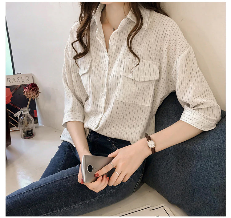 Half Sleeve Casual Striped Blouse Shirt-ABS2450GY