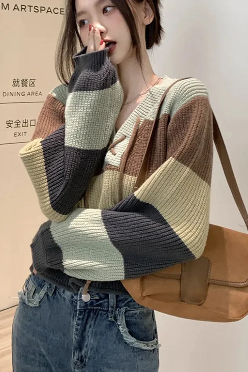 V-Neck Drawstring Striped Knitted Sweater-ABS2441W