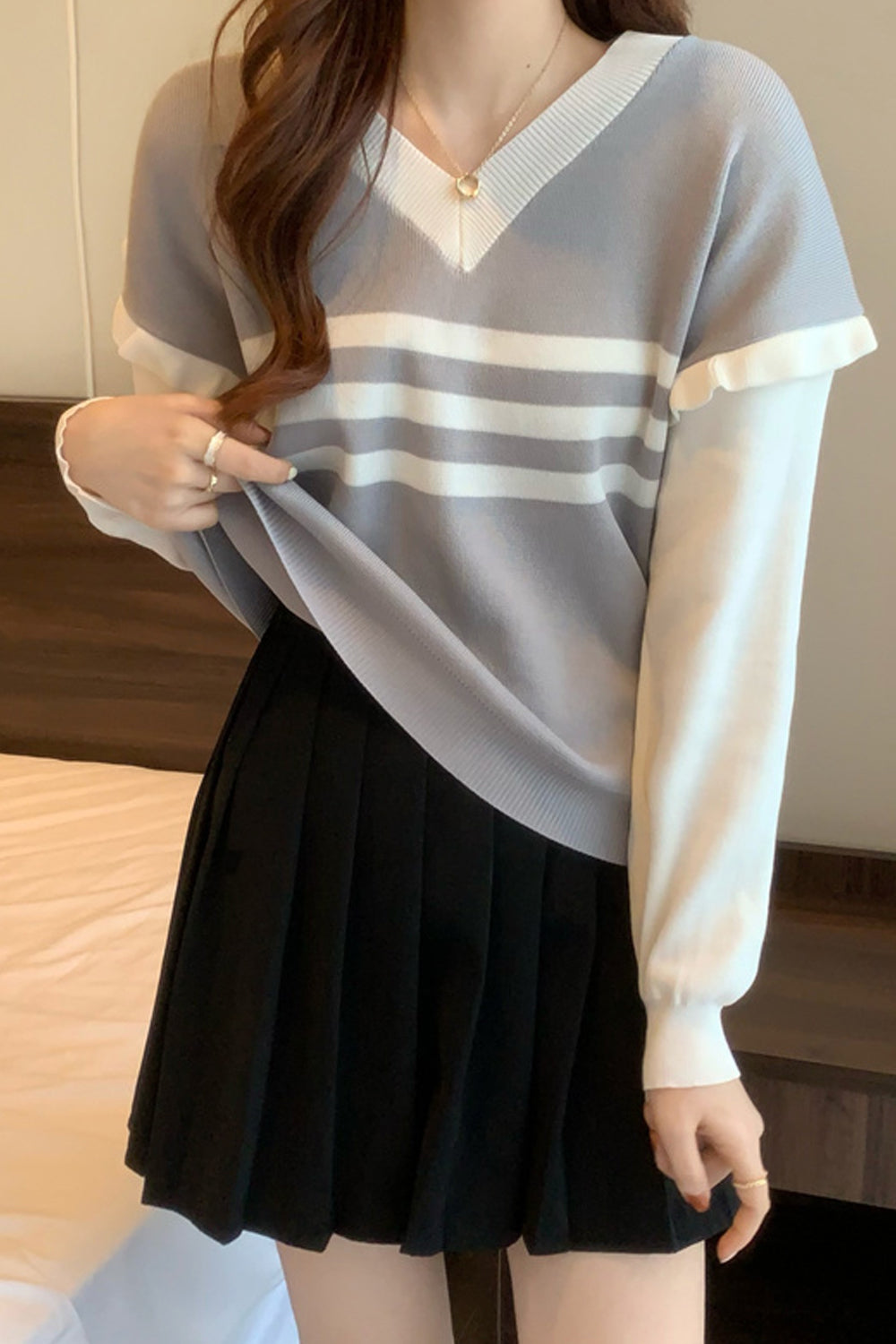 Long Sleeve V-Neck Striped Ruffle Sweater-ABS2424PK