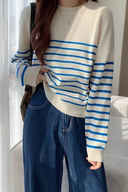 Long Sleeve O-Neck Striped Knitted Sweater-ABS2416NY