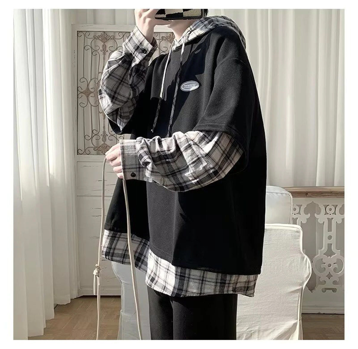 Loose Hooded Hip Hop Sleeve Plaid Hoodie- ABS2478BK