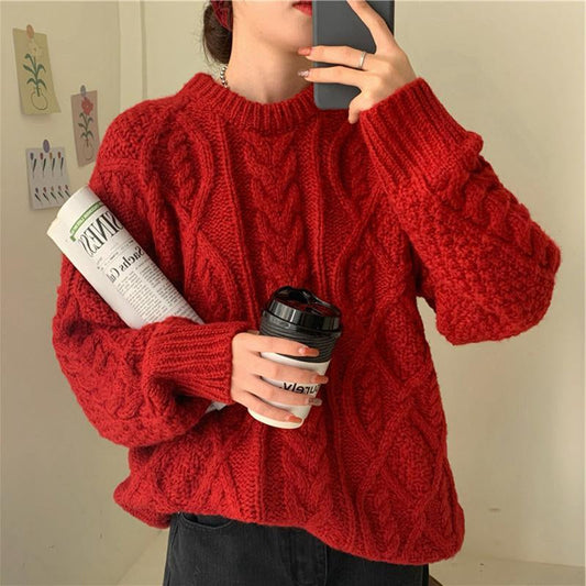 Long Sleeve O-Neck Knitted Warm Sweater-ABS2423RED