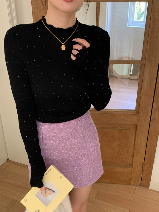 2025 Autumn/Winter High-Neck Polka Dot Knit Sweater with Ruffled Edges-PUT-140