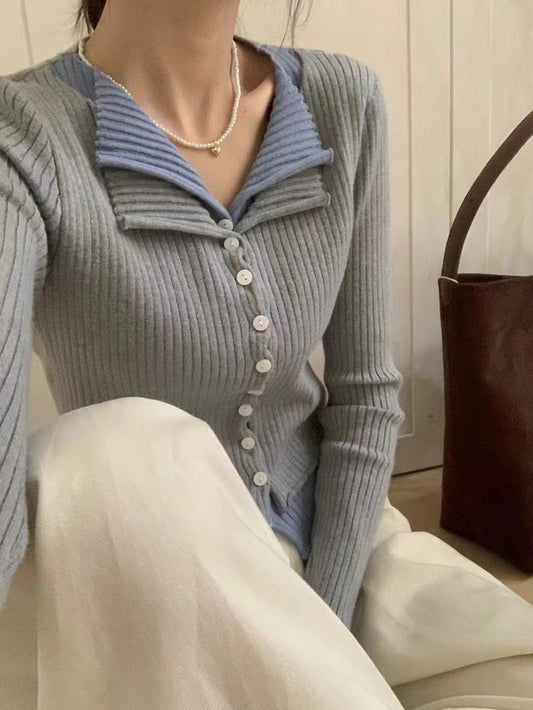 Fake Two-piece Long-sleeved Slim-fit Knitted Cardigan