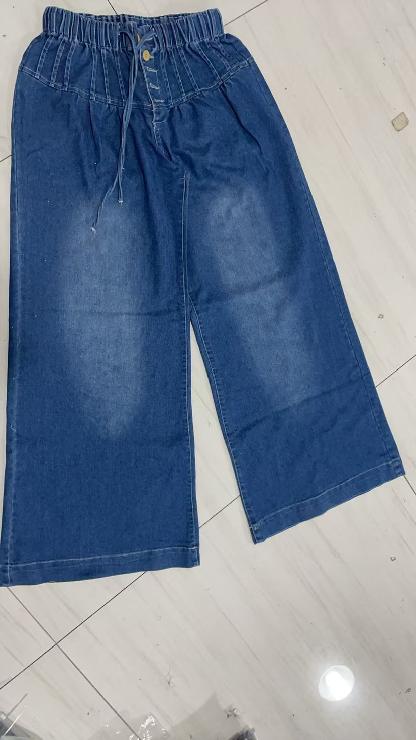 Women's Pleated Mid-waist Tie Loose Wide-leg Jeans
