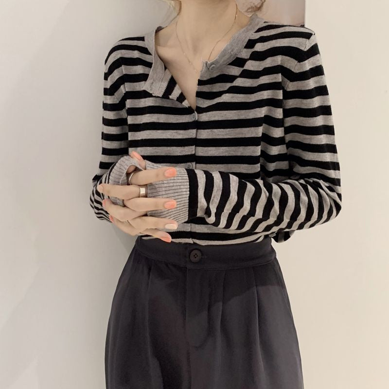 Long Sleeve Simple Classic Striped Sweater-ABS2467GY