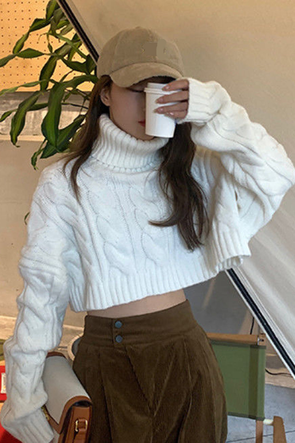 Solid Turtleneck Cropped Sweater-ABS02401GY