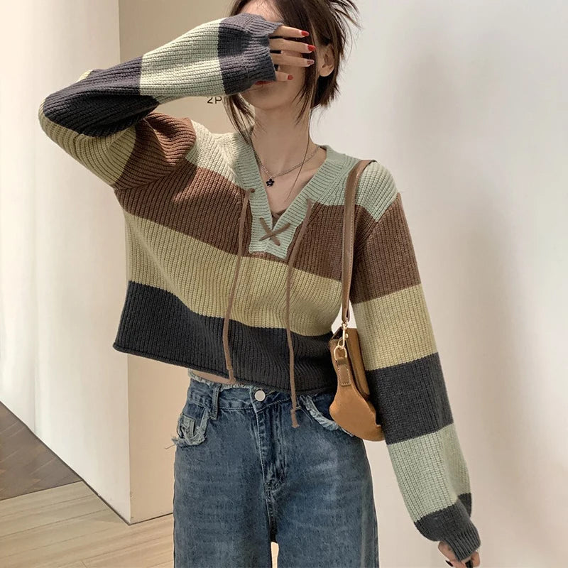 V-Neck Drawstring Striped Knitted Sweater-ABS2441W