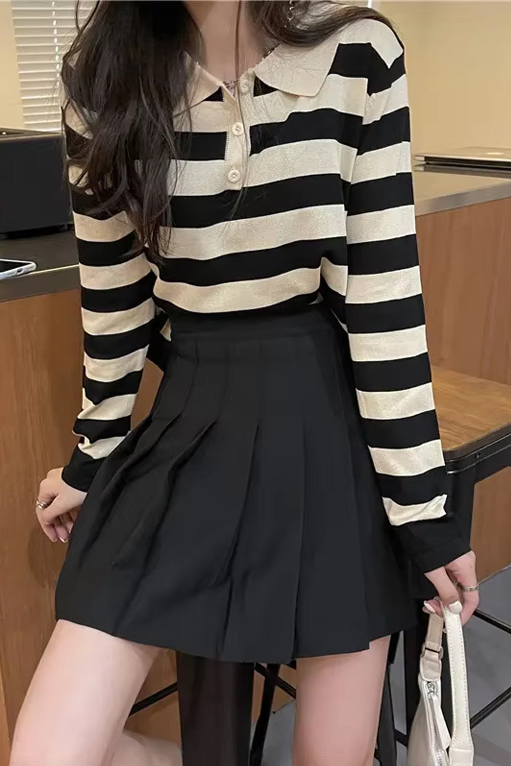 Long Sleeve Turn Down Collar Striped Slim Sweater-ABS2413BK