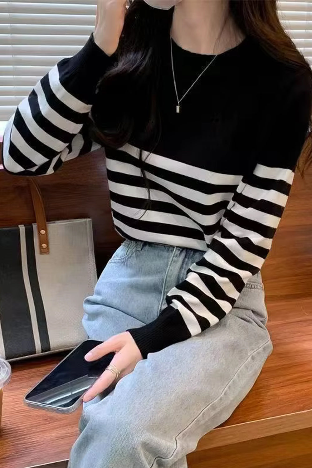 Long Sleeve Retro Striped Slim Sweater-ABS2468GN