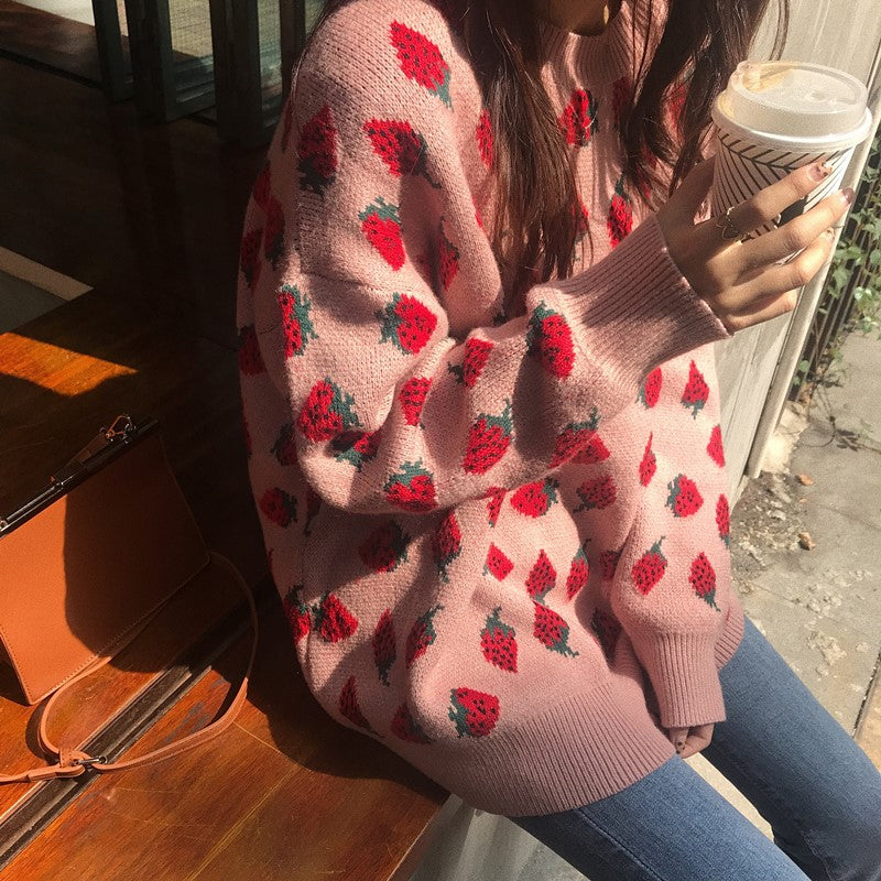 Loose Strawberries Pattern Sweet Sweater-ABS2495BK