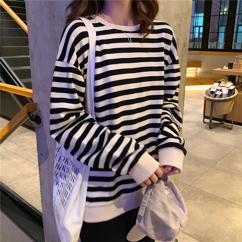 Long Sleeve O-Neck Simple Striped Sweatshirt-ABS2493BL