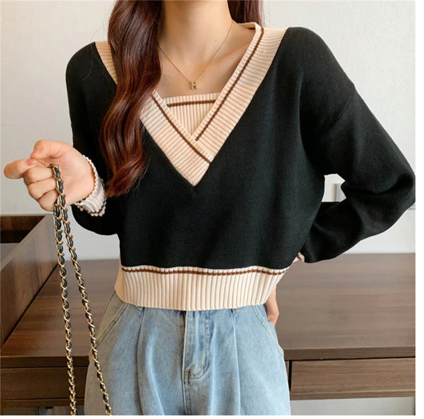 V-Neck Retro Panelled Cropped Sweater-ABS2404BK