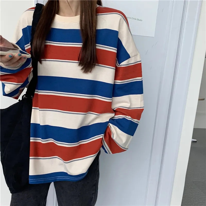 Loose Oversize College Style Striped Long Sleeve Shirt-ABS2414RED