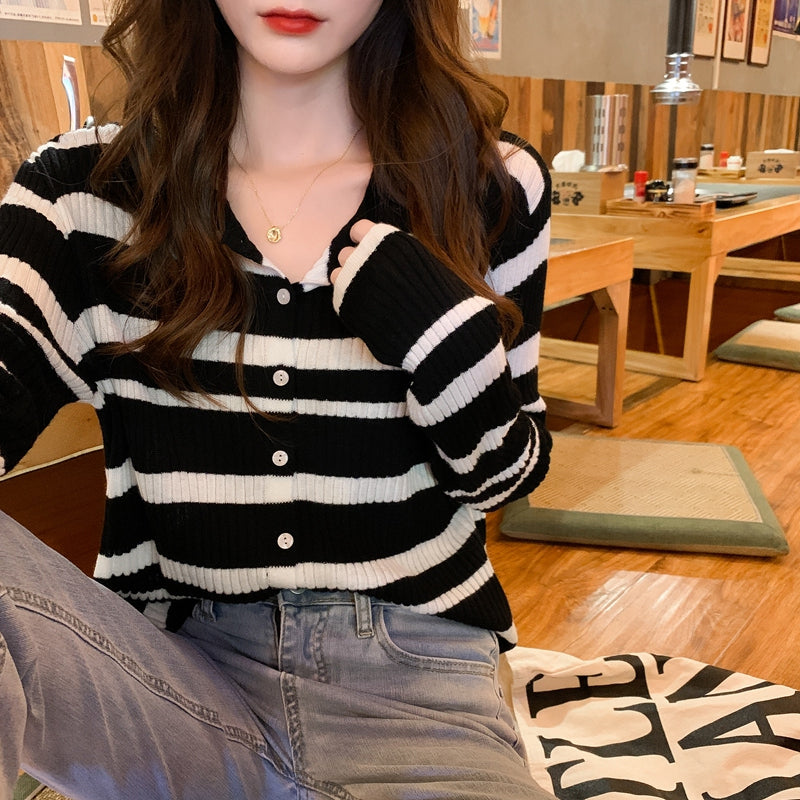 Long Sleeve Striped Button Slim Sweater-ABS2471BK