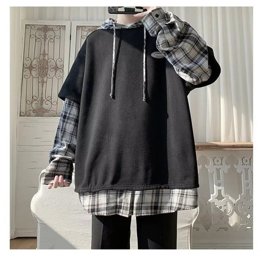 Loose Hooded Hip Hop Sleeve Plaid Hoodie- ABS2478BK