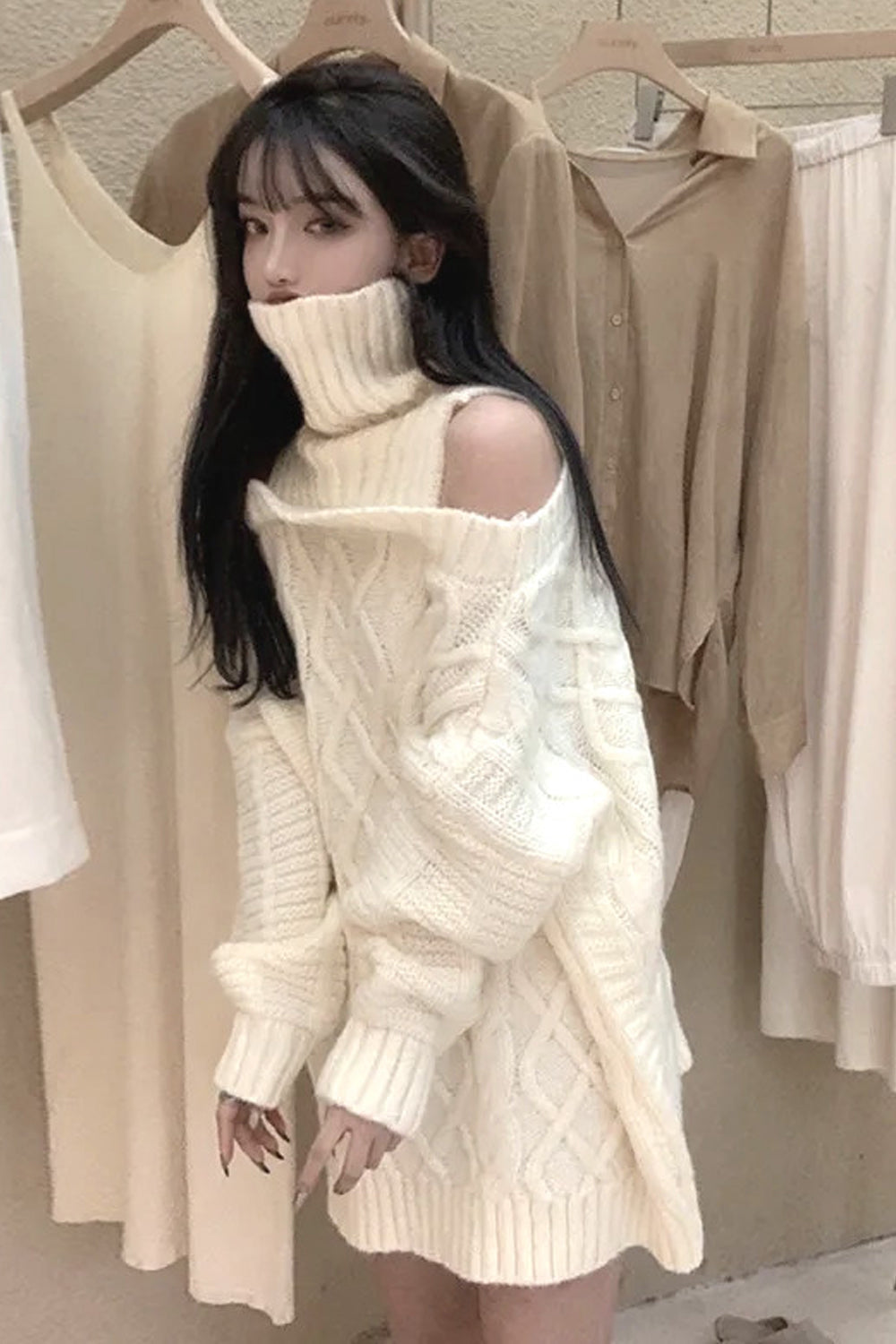 Sexy Off Shoulder Solid Turtleneck Knitted Sweater-ABS2440GY