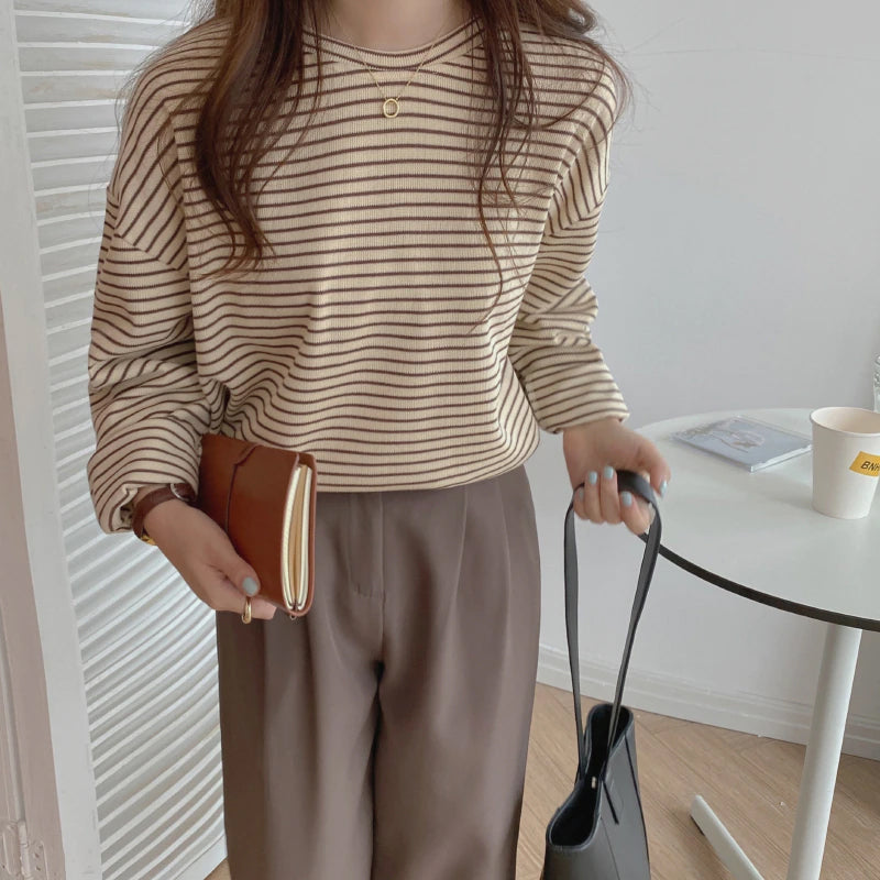 Long Sleeve Coffee Colors Striped Loose Shirt-ABS2452BK