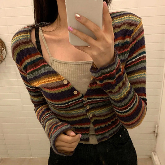 Long Sleeve V-Neck Striped Slim Sweater-ABS2444BK