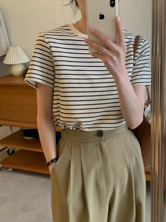 Women's Cotton Waffle Striped Short-sleeved T-shirt