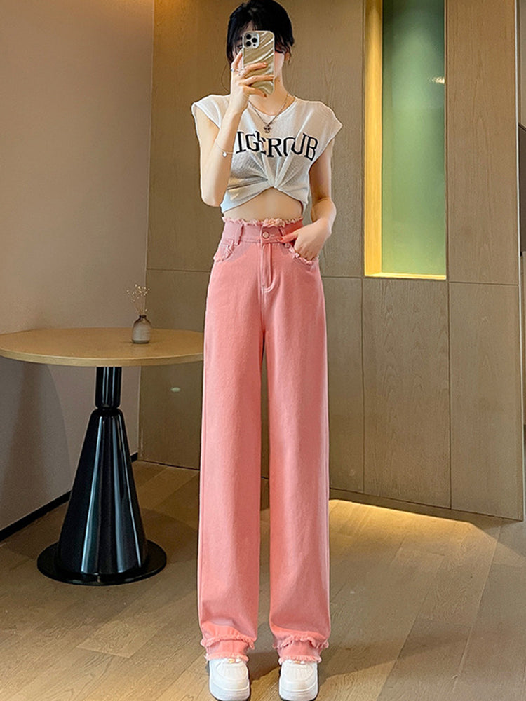 High Waist Light Color Loose Straight Wide Leg Pants-ABP3008BK