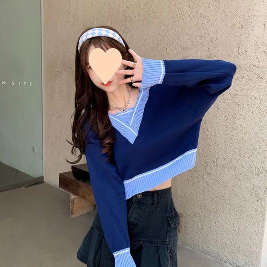 Women's Autumn Long Sleeve Knitted Sweater Navy Blue