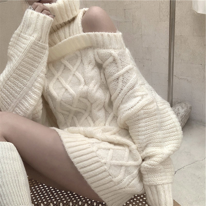 Sexy Off Shoulder Solid Turtleneck Knitted Sweater-ABS2440GY