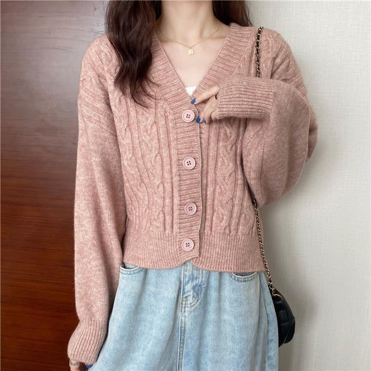 V-Neck Retro Slim Cardigan Sweater-ABS2403RED