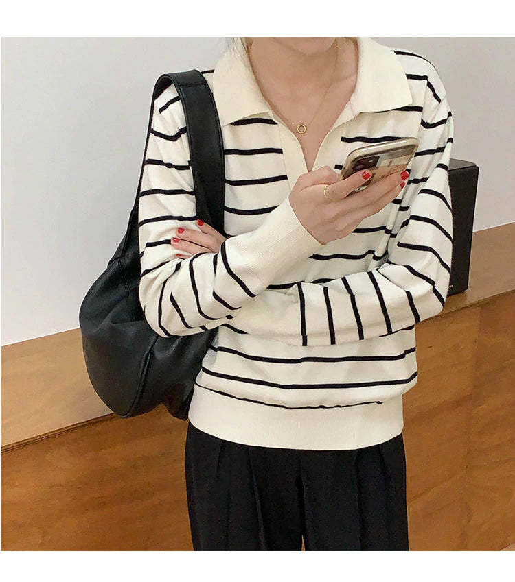 Striped Turn Down Collar Long Sleeve Sweater-ABS2486GY