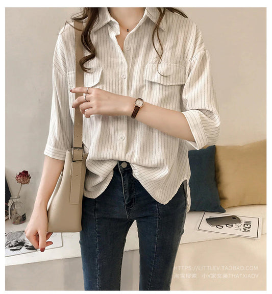 Half Sleeve Casual Striped Blouse Shirt-ABS2450GY