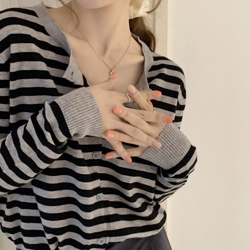 Long Sleeve Simple Classic Striped Sweater-ABS2467GY