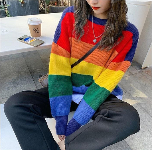 Loose Rainbow Warm Knitted Sweater-ABS248BK