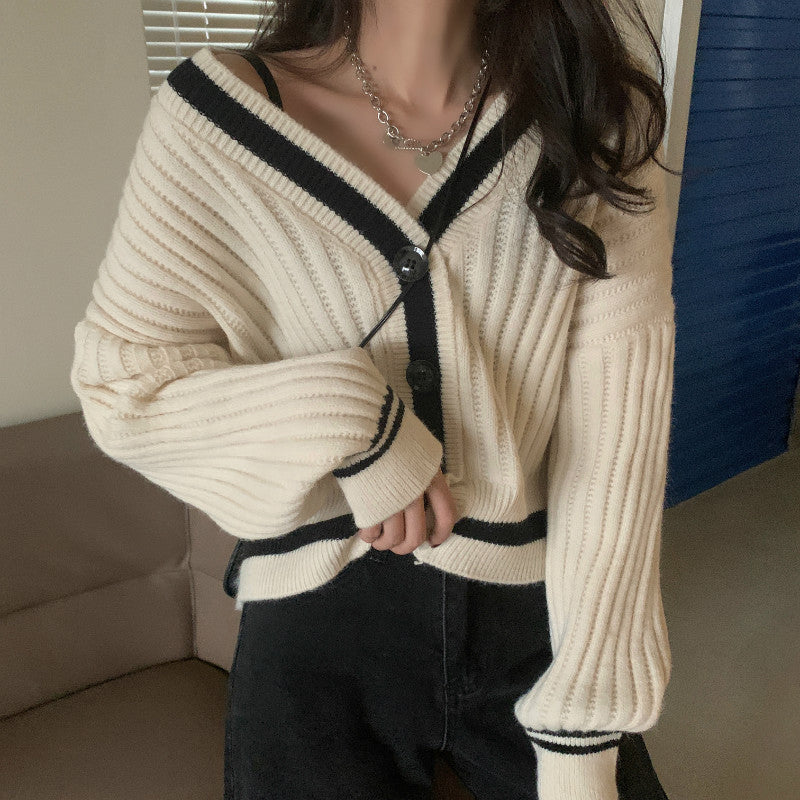 V-Neck Knitted Slim Cardigan Sweater-ABS2418GY