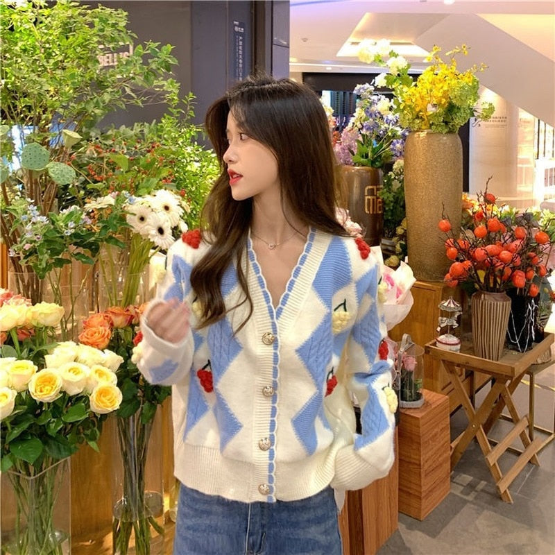 Long Sleeve V-Neck Fruits Pattern Sweater-ABS2411-BK