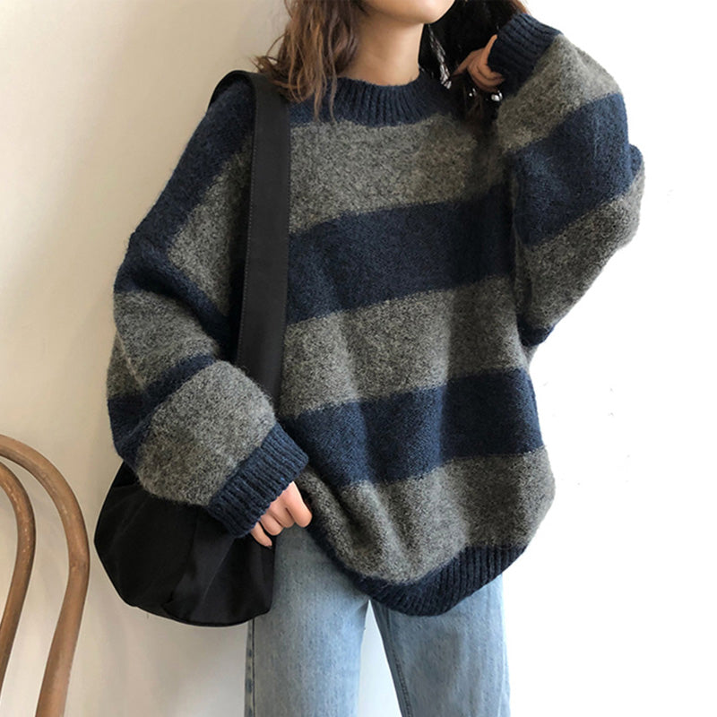 Long Sleeve O-Neck Knitted Striped Sweater-ABS2443BK