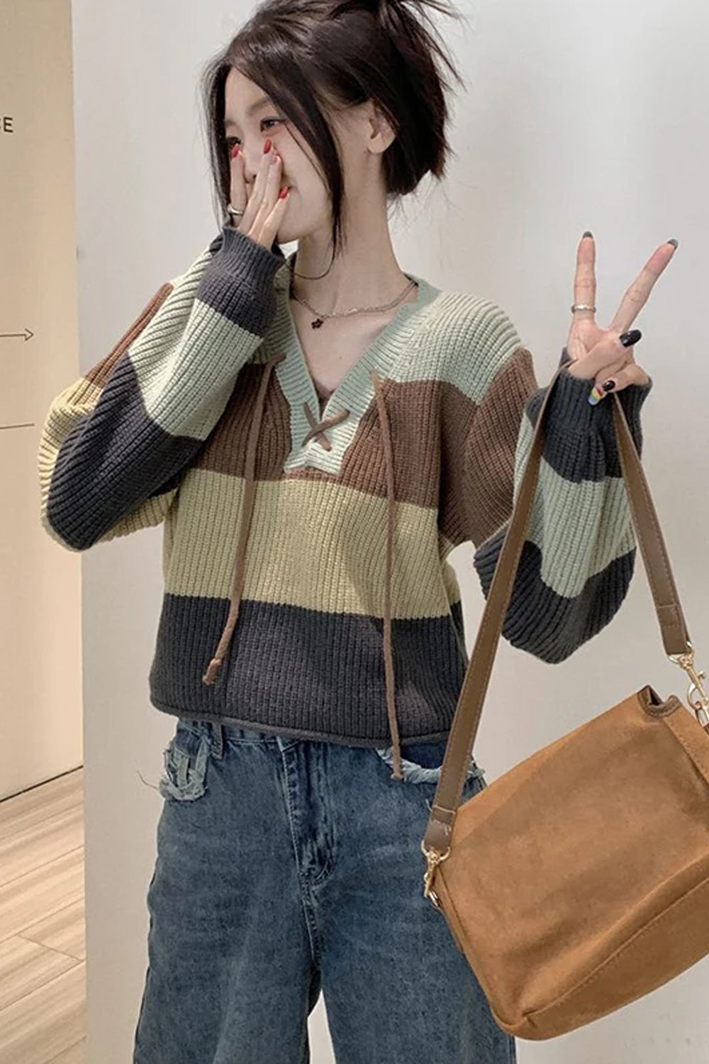 V-Neck Drawstring Striped Knitted Sweater-ABS2441W