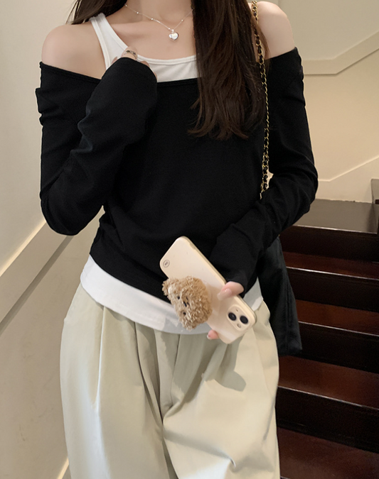 Women's Patchwork Long Sleeve Bottoming T-shirt-ABS2505BK