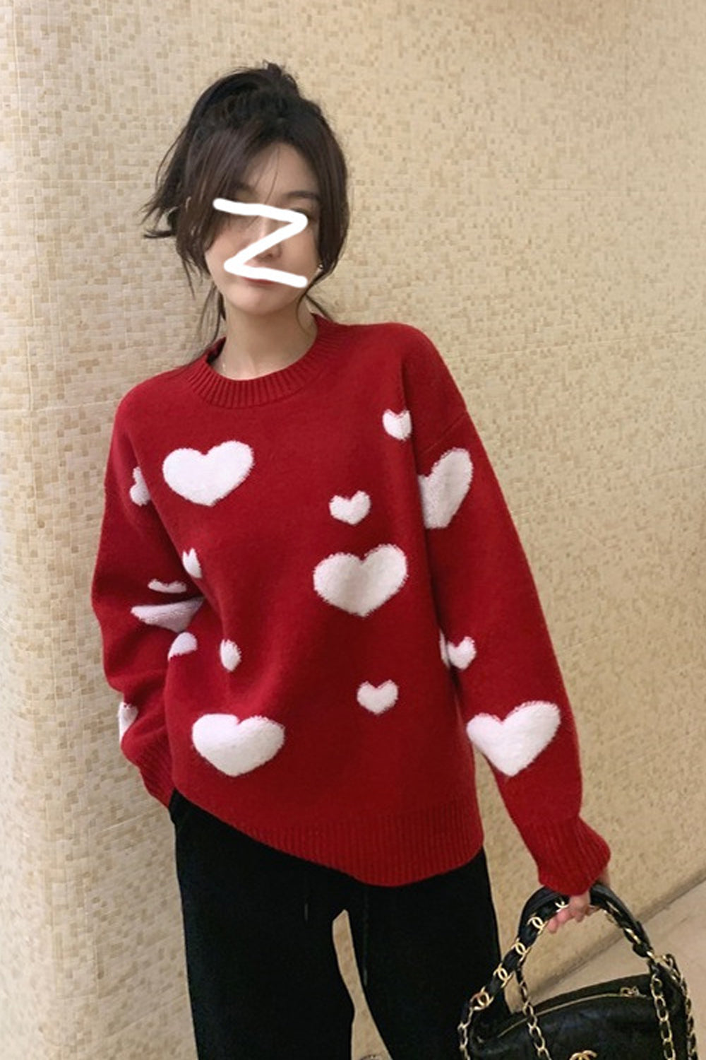 Casual Heart Pattern O-Neck Knitted Sweater-ABS2457GN